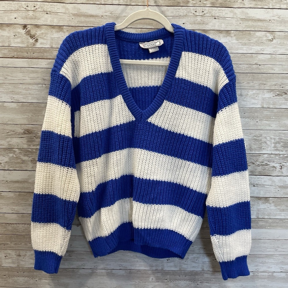 Vintage 80's‎ Toppers Womens M Sweater 100% Cotton Pullover Blue & White V-Neck